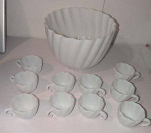 Hazel Atlas Capri Swirl Punchbowl White Milk Glass Punch Bowl Set with 10 cups