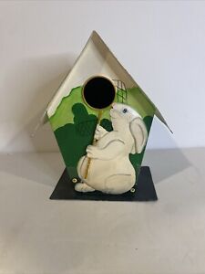 New ListingVintage Bird House Springtime Bunny Tin hand painted Birdhouse Freestanding
