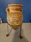 Primitive Stoneware Amphora Pottery Vase Urn On Metal Stand 10.5” Tall