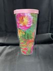 Tervis Tumbler Tropical Flowers / Plants Insulated Cup w/Pink Lid 24 oz