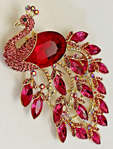 Large Red Pink Peacock Bird Glass Rhinestone Brooch Pin Vintage Acrylic 4 Inches