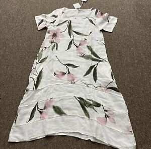 Lungo L'Arno Women Linen Dress Xtra Large New NWT Italy White Pink Floral Long