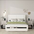 Queen Size Bed Frame with Drawers, Leather Platform with Charging Station