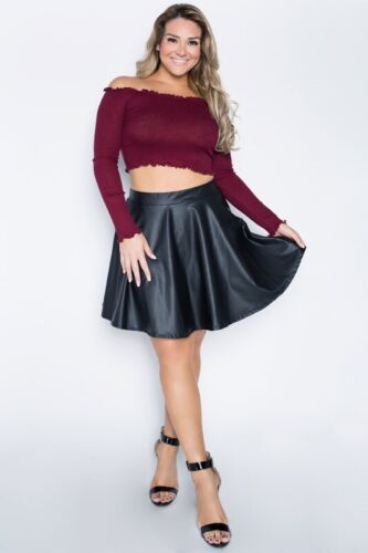 Women's Plus Size Solid Faux Leather Mini A-Line Skirt with A Back Gold-Zipper