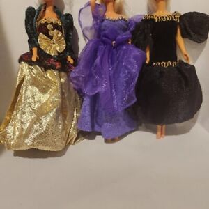 Mattel Barbie Doll Size Clothes LOT Of 3 Vintage Gown Dresses Purple,Black, Gold