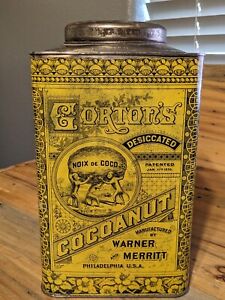 Antique GORTON'S DESICCATED COCOANUT Tin Warner & Merritt  Philadelphia Yellow