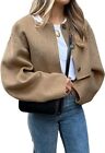 Women Cropped Wool-Like Pea Coat Short Jacket Peacoat Long Sleeve Button Down