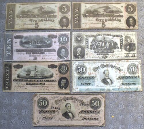 Lot (7) 1861 1863 1864 Confederate States Currency Notes, $5 $10 $20 $50 Type