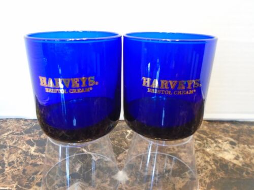 2-Vintage Cobalt Blue Harveys Bristol Cream Tumbler Glasses 3-3/8