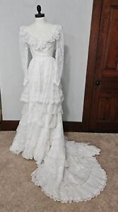 Bridallure Vtg Wedding Dress Alfred Angelo 70s Heart Lace Ruffle Layered Prairie