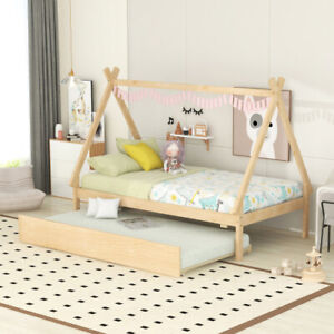 Modern Floor Bed Twin Size Tent Bed with Pull-out Trundle Solid Wood Teepee Bed