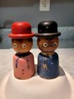 Large Vintage Wood Man and Woman Salt and Pepper Shakers Japan 5 inches Pink Hat