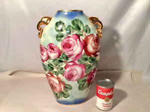 Antique Hand Painted Large Pink Roses/Gold Trim Porcelain Vase STUNNING!