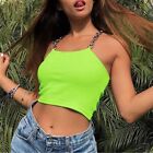 Neon Lime Green Crop Tank Top with Silver Metal Chain Straps - Size Large