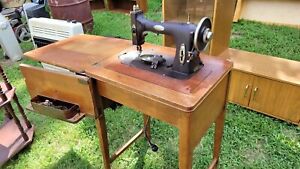 Vintage White Electric Rotary Sewing Machine in Wooden Cabinet,