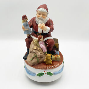 Vintage Music Box Santa in Red Suit Holding Toy Dolls - Plays 