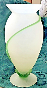 Satin Frosted Glass Vase wrapped with Emerald Vine/Leaf Design Bottom 9.5 inches