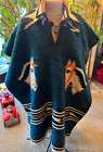 Vintage Fringed Collared Soft Wool Blend Poncho with Horses One Size