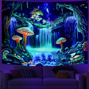 Blacklight Fantasy Forest Tapestry UV Reactive Waterfall Tapestry Trippy Starry