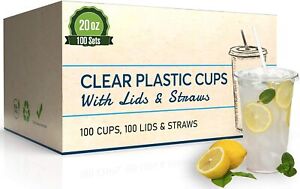 [100 Sets - 20 oz.] Disposable Clear Plastic Cups with Flat Lids and Straws