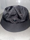 Prada Black Bucket Hat Re-Nylon Silver Metal Logo Sz Large