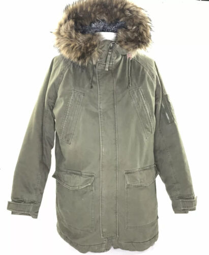 Hollister Men's Military Fishtail Parka Removable Sherpa Lining Faux Fur Ruff M