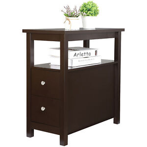 Chairside End Table with 2 Drawer and Shelf Narrow End Table Store Books