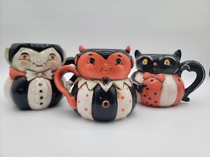 Johanna Parker Halloween Pumpkin Peep Mugs 3 pieces pc set Devil Vampire Bat