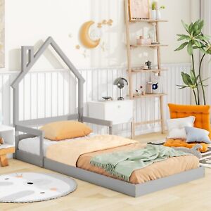 Twin House-Shaped Headboard Floor Bed with Handrails