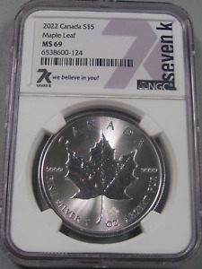 7-K Silver 2022 Maple Leaf $5 Dollars NGC MS69.  #34