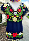Womens Comfortable Navy Blue Blouse Linen Yellow Flowers Embroidered Made Mexico