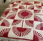 VINTAGE RED AND WHITE FAN QUILT 72X72” MACHINE AND HAND STITCHED