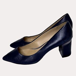 DKNY Leather Block Heel Pointed Toe Pumps Shoes Navy Blue 41 US 10 am