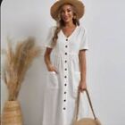 Women's White Cotton Midi Dress Puff Short Sleeves Flair V Neck Resort Dress XL
