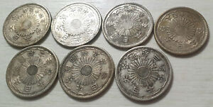Lot of 7 Japan 50 sen Phoenix silver coins Showa Taisho