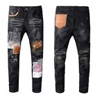 Men's Ripped Embroidery Patchwork Stretch Ripped Leopard Skinny Fit Denim Jeans