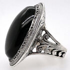 Large, Unusual Onyx Cabochon  Ring SZ 6 in Sterling Silver w Openwork Band, 15g