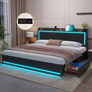 King Size Bed Frame with LED Lights Pu Leather Platform Bed Frame with Headboard