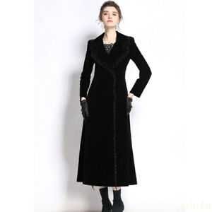 Womens Jackets Velvet Trench Coat Lapel Collar Long Slim Fit Office Outwear Coat
