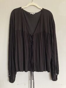 Amuse Society Tie Front Long Sleeve Blouse Top LARGE Black