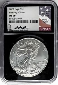 2022 SILVER EAGLE FIRST DAY OF ISSUE NGC MS70 DAVID RYDER HAND SIGNED FLAG