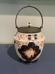 New ListingAntique Imari Biscuit Jar English(?) Handle Etched Lid Silver plate Brass Lovely
