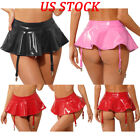 US Womens Faux Leather Wet Look Mini Skirts Ruffle Party Skirts w/Garter Belts