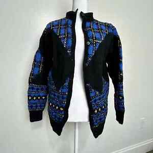 SKYR Sportswear Vintage Wool Sweater Cardigan 80s Womens Medium Plaid Blue Black