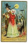 Halloween 1910 Black Cats Witches Pilgrim w Wife Holds Rifle Don't Look Backward