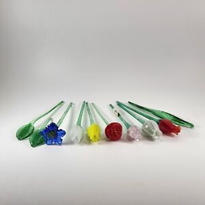 Bouquet of 9 Blown Art Glass Long Stem 7 Flowers 2 Leaves Murano Style Charming