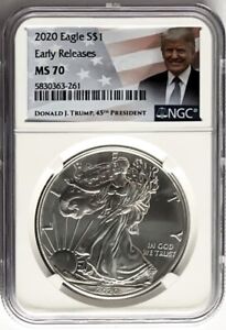 2020 SILVER EAGLE EARLY RELEASES NGC MS70 PRESIDENT TRUMP FLAG LABEL SPOTS