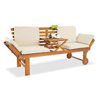 Outdoor Acacia Wood Bench Patio Convertible Couch Sofa Bed with Table & Cushion