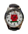Snoopy On Dog House Cartoon Character Black Leather Band Wrist Watch