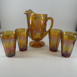 New ListingPitcher w/4 Tumblers Glass Indiana Harvest Grape Amber Orange Marigold Carnival